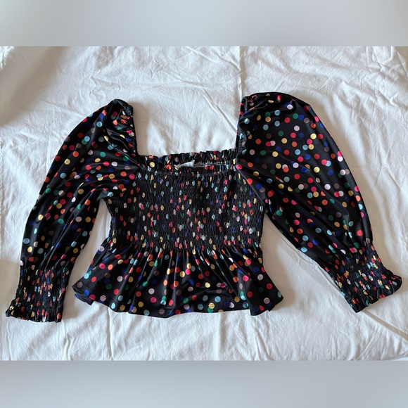 Ruched black and multi-color polka dot top - Picture 1 of 8